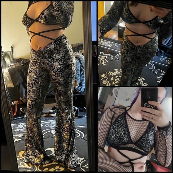 Metallic Spider Web Festival Rave Matching Bikini Arm Bolero Flare Pants Set - Picture 2 of 11